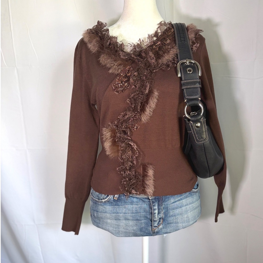 Boho Rare Alberto Makali Brown Silk Blend‎ Beaded Fur Lace Trim Knit Sweater m
